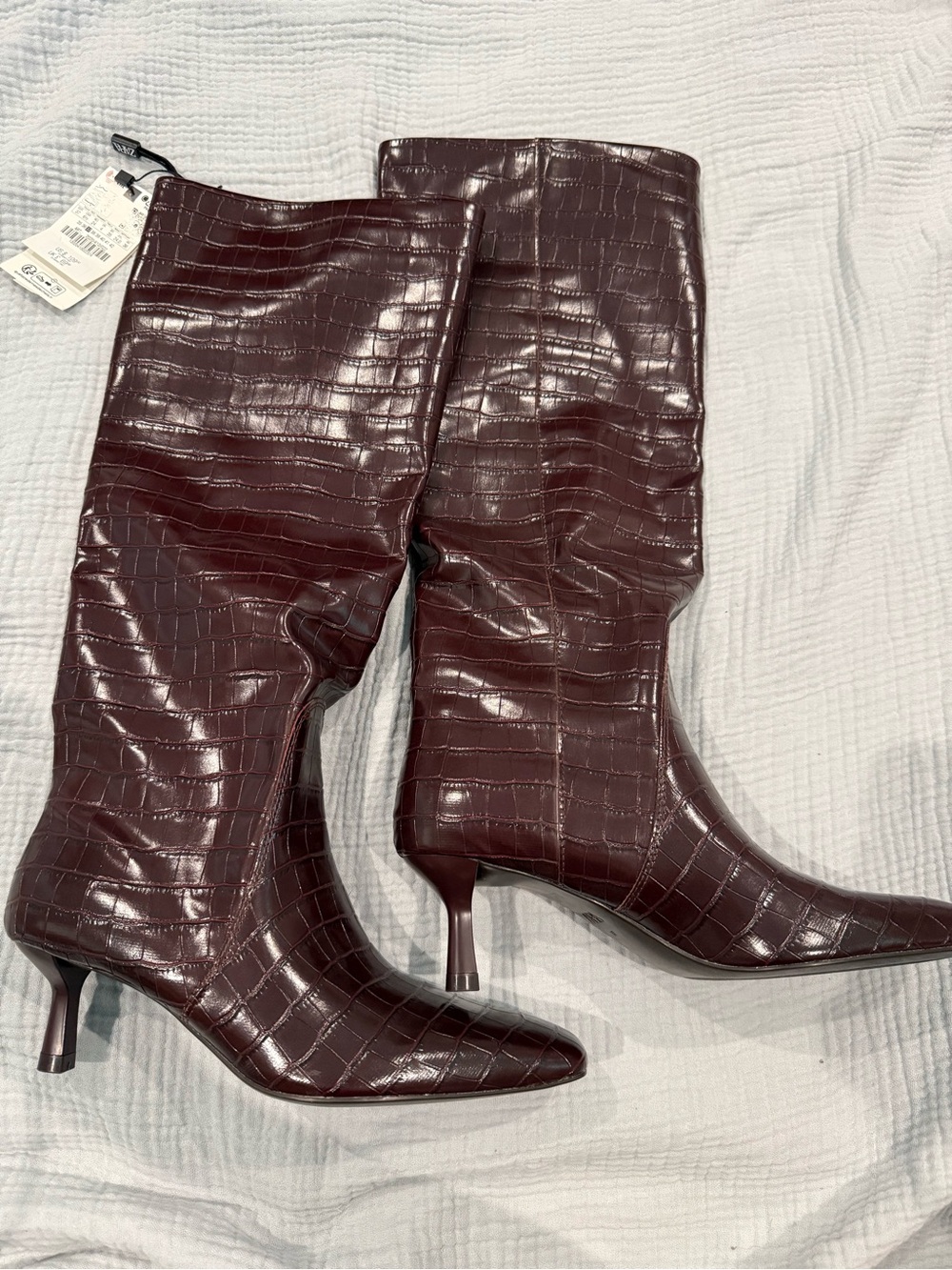 Zara Women's Croc-Embossed Pointed Toe Knee Boots - Burgundy